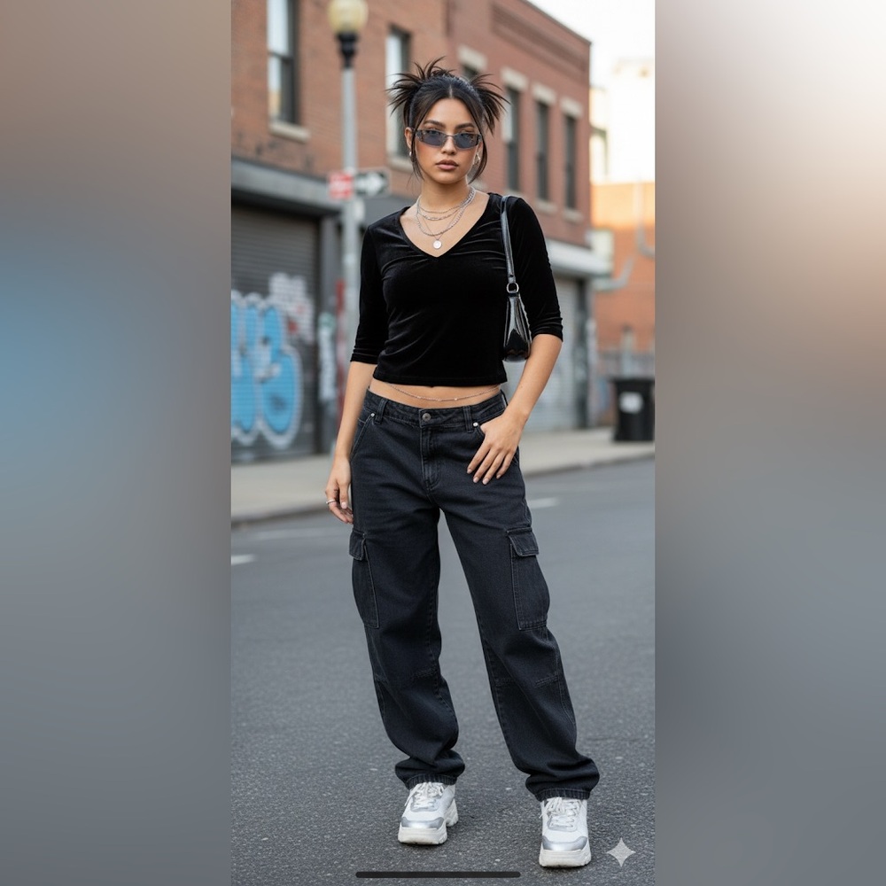 Vintage Y2K Jacob Black Velvet V-Neck Top Blouse 90s M Fitted Stretch Retro - Picture 2 of 8